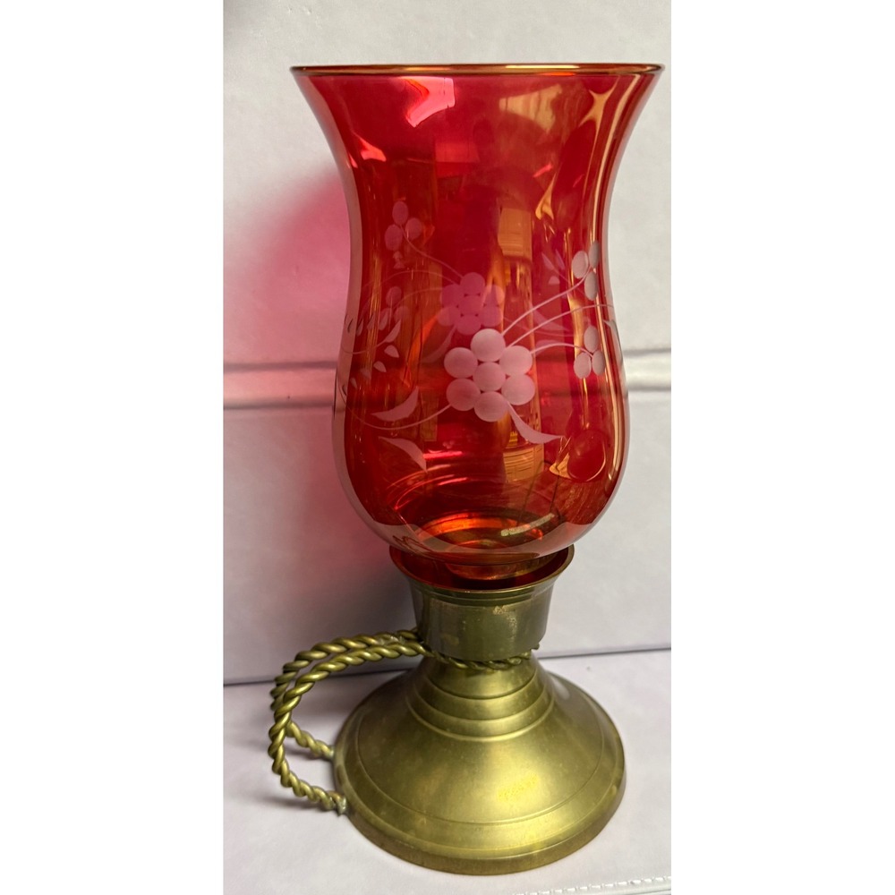 Vintage Cranberry Color Etched Glass Hurricane Candle Holder Brass Base 9.5"